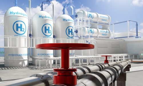 Hydrogen technologies. Tanks with H2 near pipeline. Factory for production of hydrogen gas. H2 power plant. Hydrogen energy. Obtaining eco-friendly energy resources. Plant for green energy. 3d image